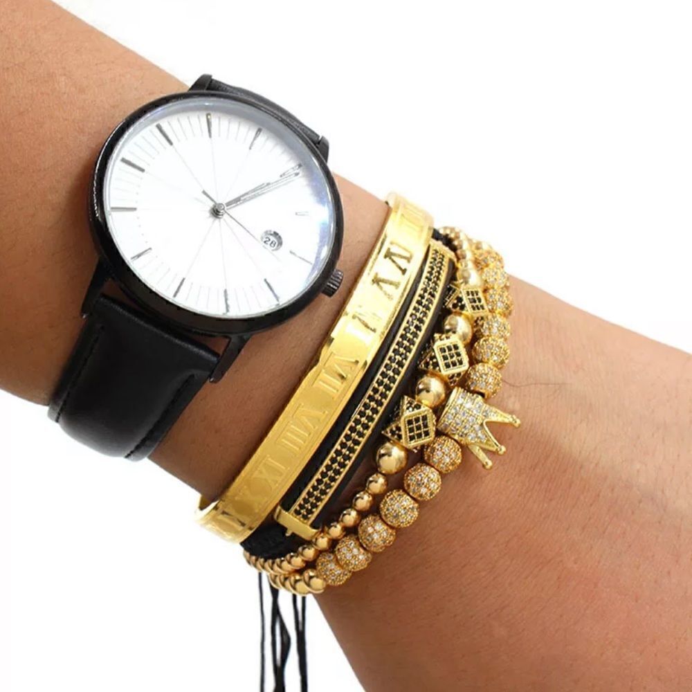 👑18K Gold 4 Pieces/Set Men Iced Out Stainless Steel Engraved Charm Brace…